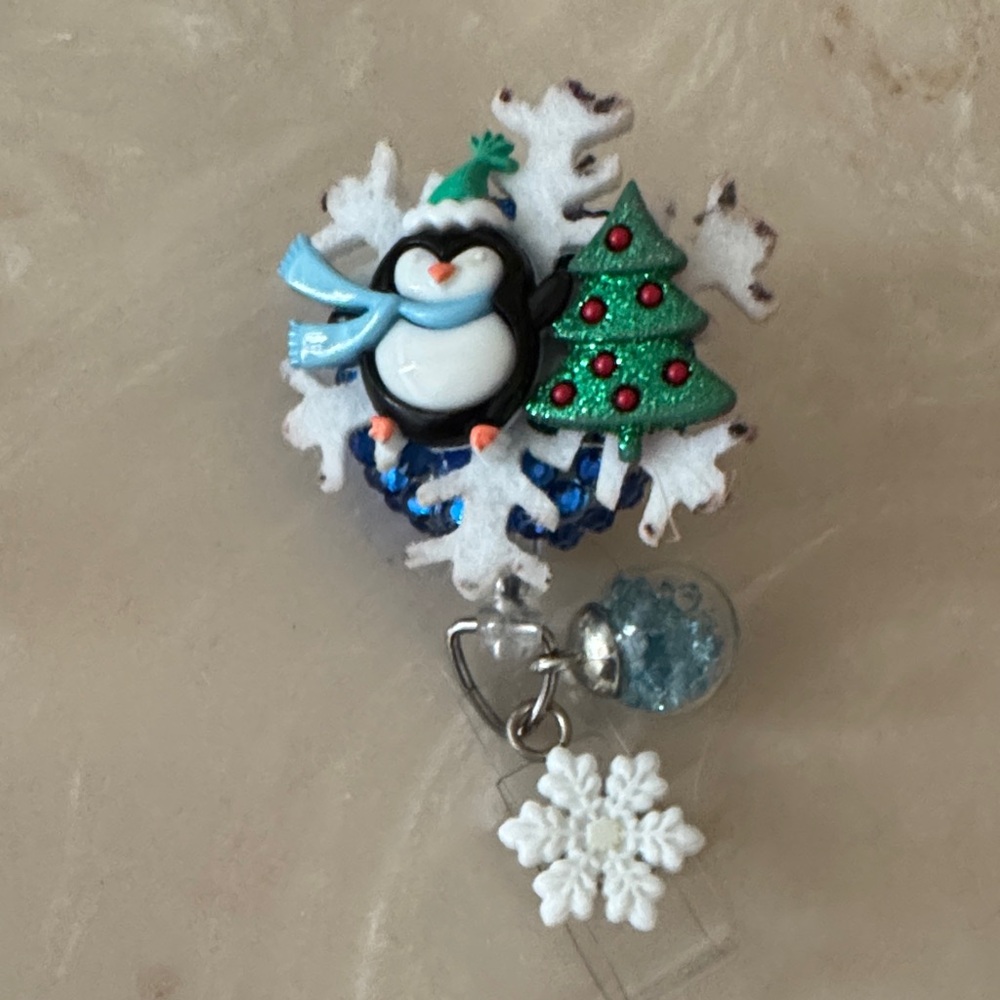 Penguin and Snowflake retractable badge holder